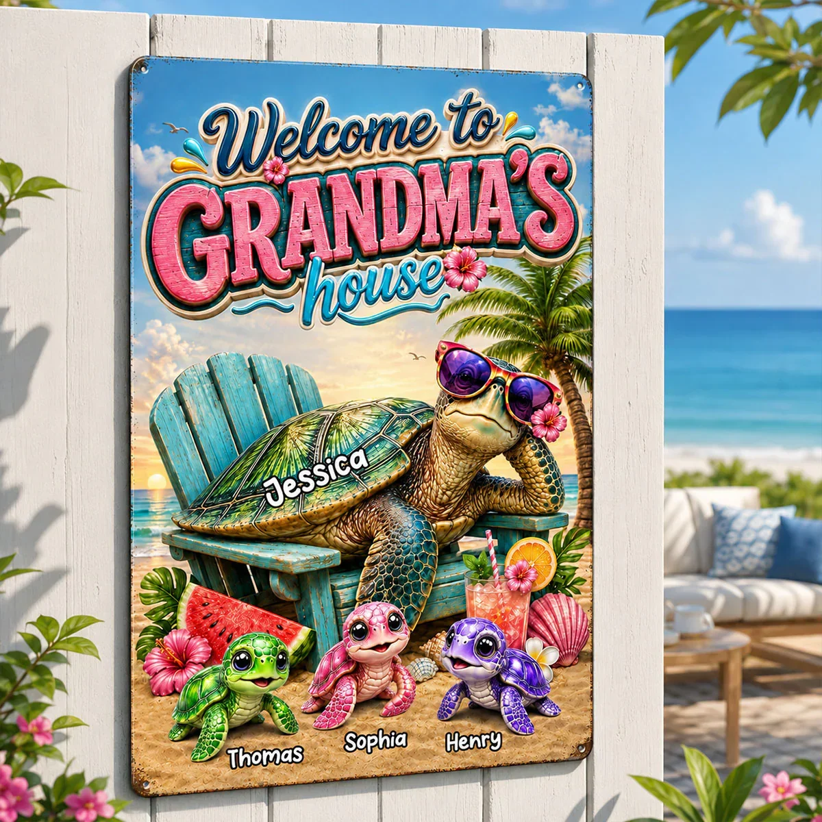 Rectangular Iron Sign for Grandma, Personalized Turtle Family Beach Scene, Creative Gift for Her - Image 3