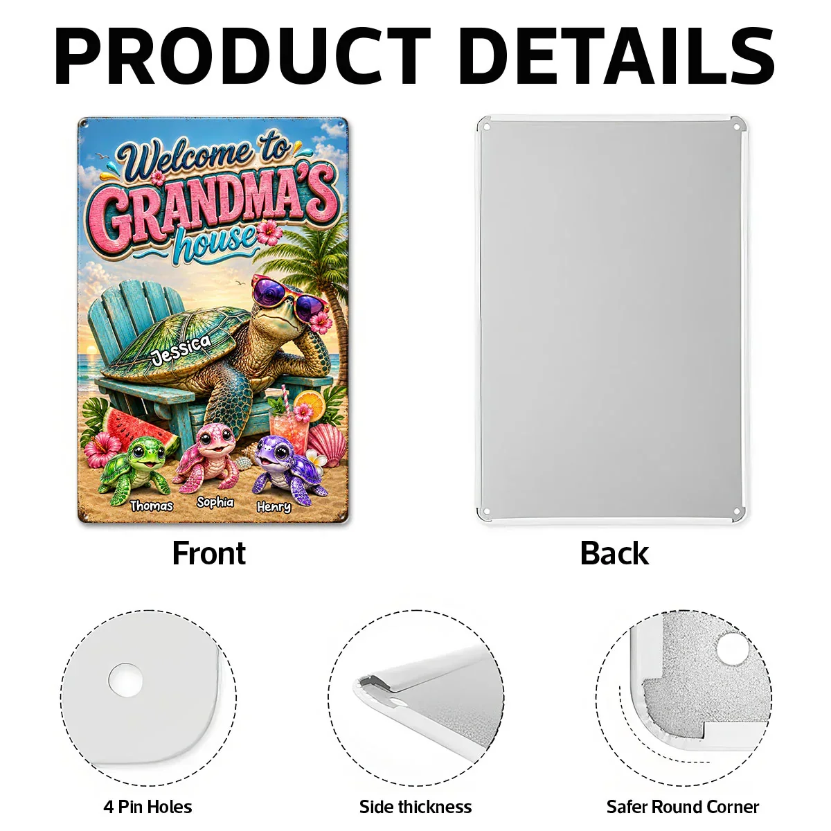 Rectangular Iron Sign for Grandma, Personalized Turtle Family Beach Scene, Creative Gift for Her - Image 5