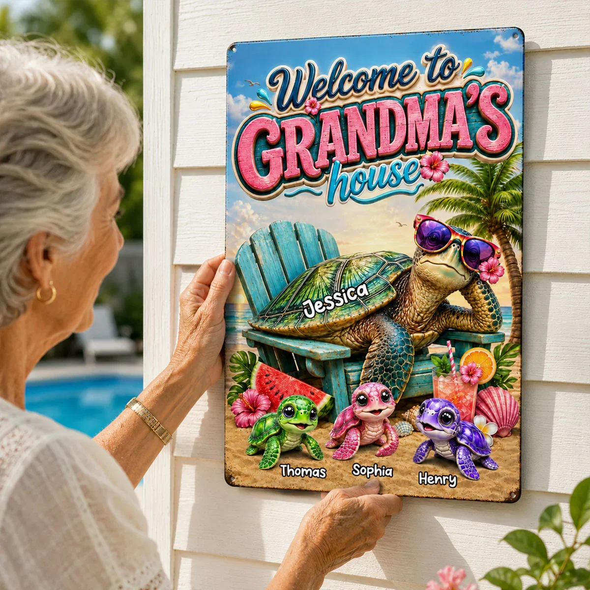 Rectangular Iron Sign for Grandma, Personalized Turtle Family Beach Scene, Creative Gift for Her - Image 7