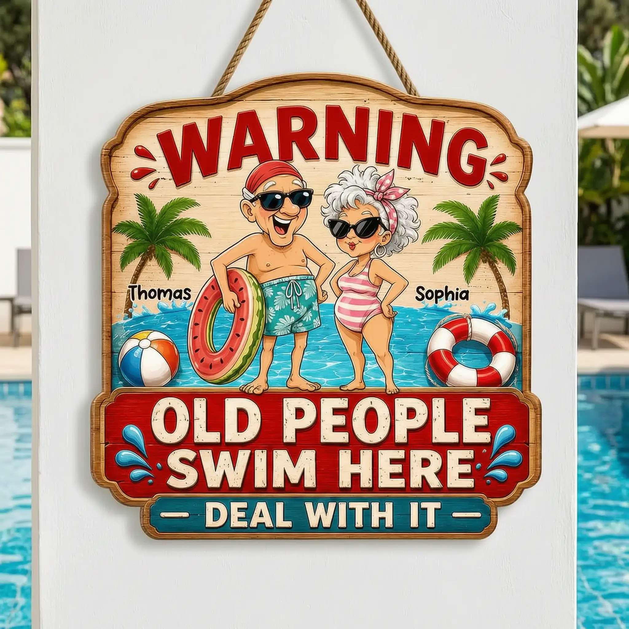 Personalized Wooden Sign with Poolside Senior Couple, Creative Gift for Patio Humor & Summer Decor