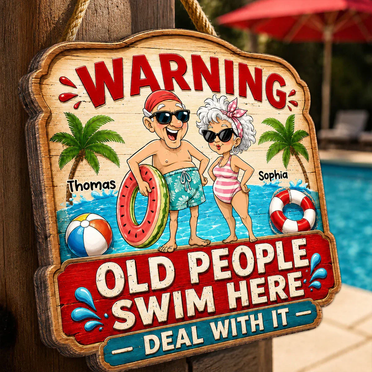 Personalized Wooden Sign with Poolside Senior Couple, Creative Gift for Patio Humor & Summer Decor - Image 2