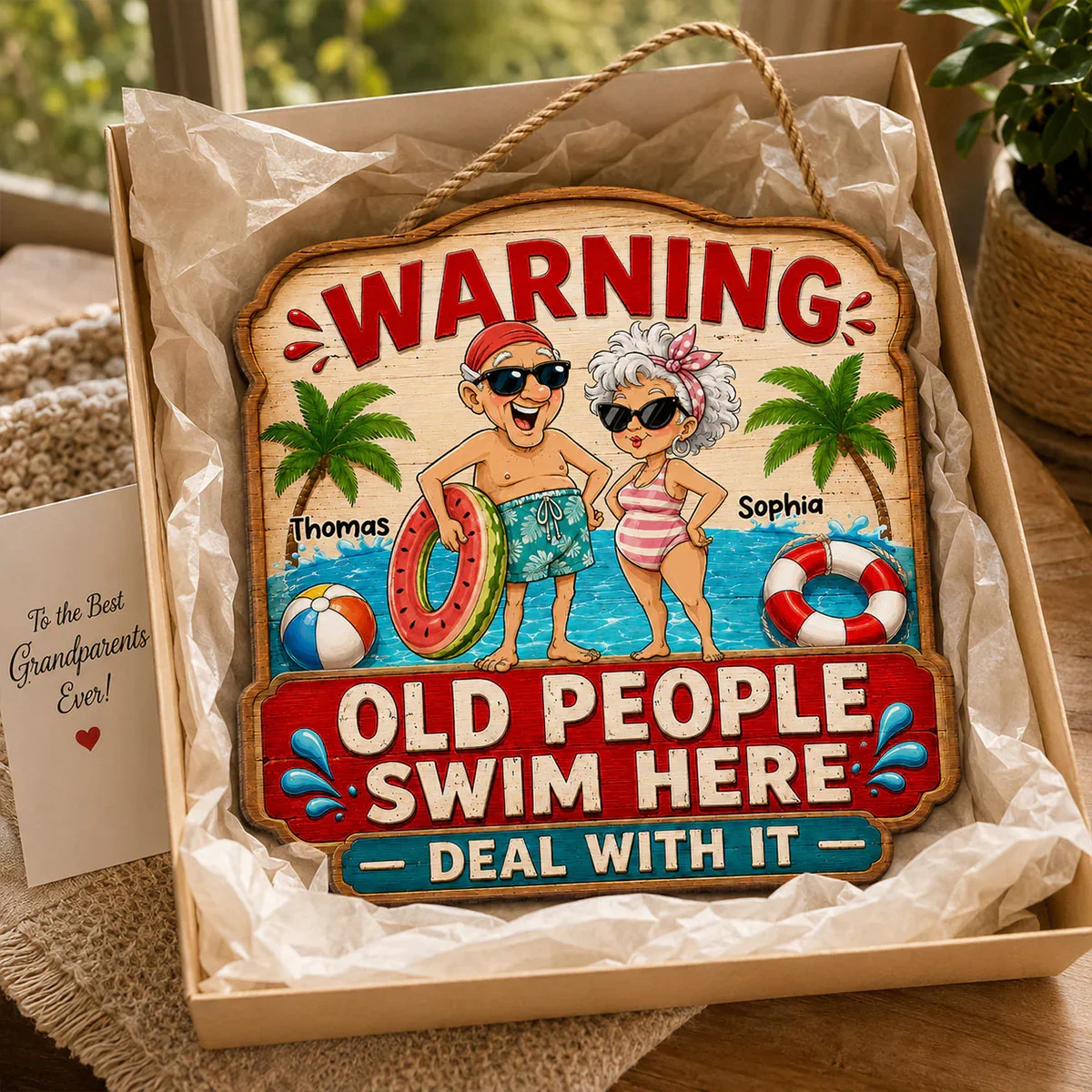 Personalized Wooden Sign with Poolside Senior Couple, Creative Gift for Patio Humor & Summer Decor - Image 3