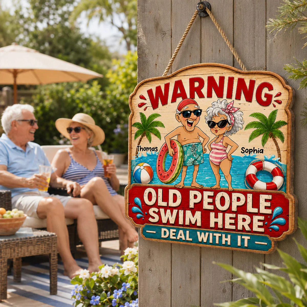 Personalized Wooden Sign with Poolside Senior Couple, Creative Gift for Patio Humor & Summer Decor - Image 4