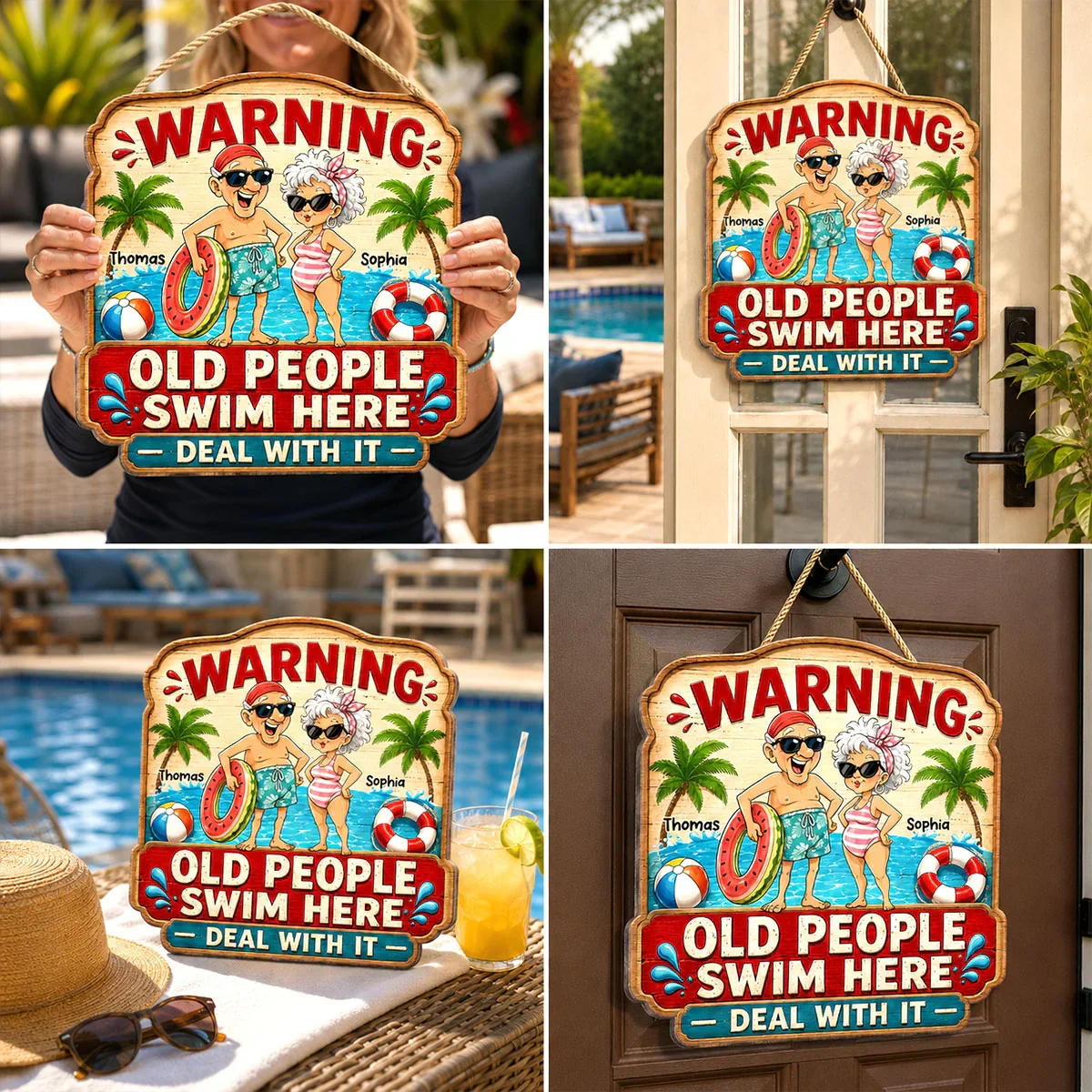 Personalized Wooden Sign with Poolside Senior Couple, Creative Gift for Patio Humor & Summer Decor - Image 5