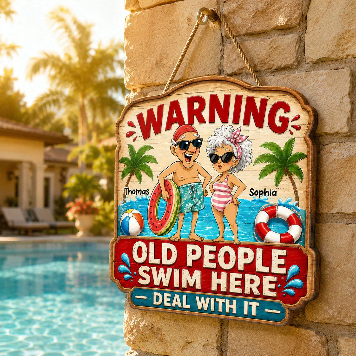 Personalized Wooden Sign with Poolside Senior Couple, Creative Gift for Patio Humor & Summer Decor - Image 6