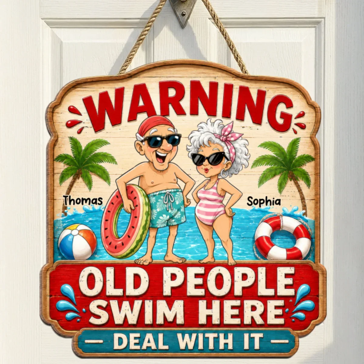 Personalized Wooden Sign with Poolside Senior Couple, Creative Gift for Patio Humor & Summer Decor - Image 7