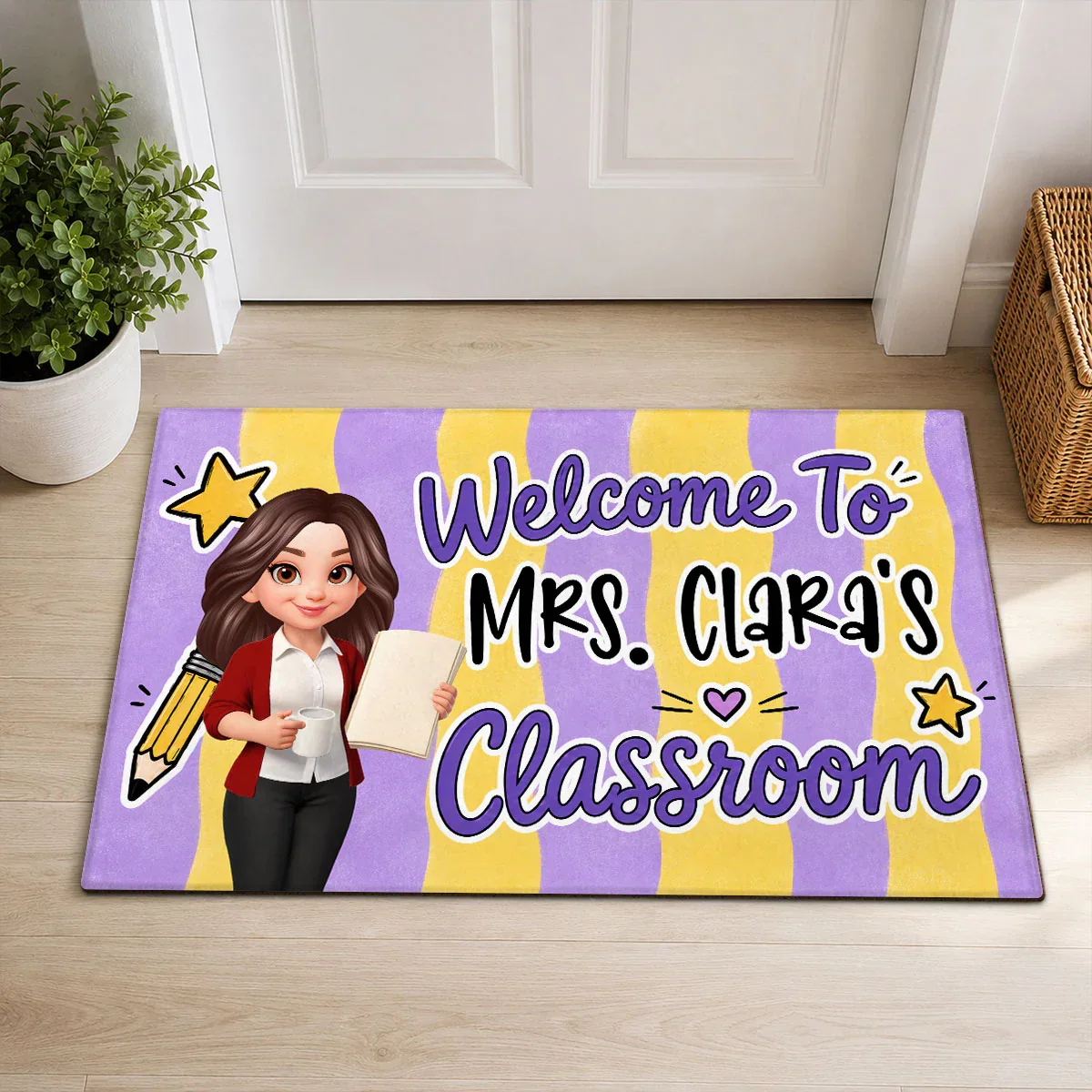 Standard Doormat with Cartoon Teacher & Stars, Personalized Creative Gift for a Cheerful Classroom Entry - Image 2