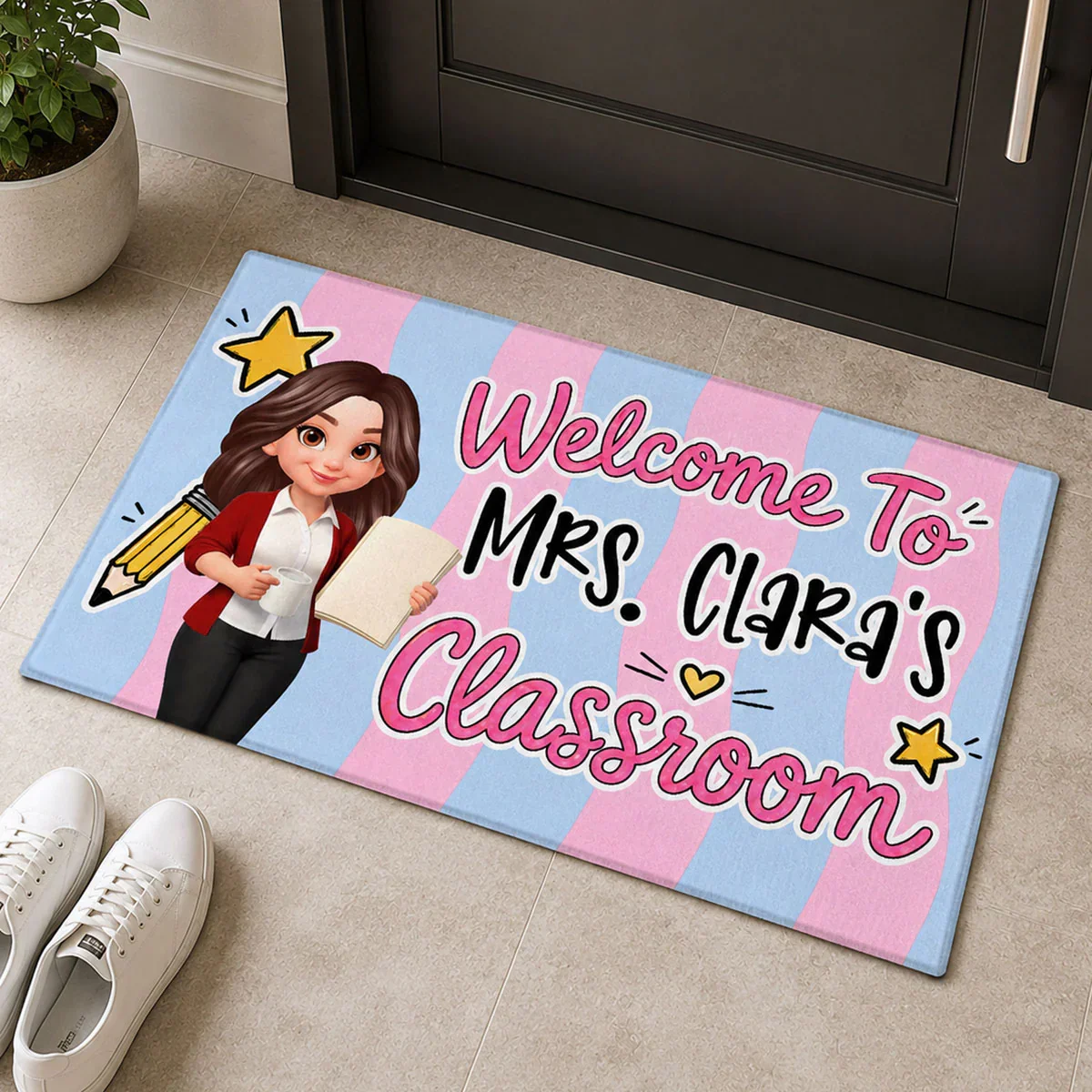 Standard Doormat with Cartoon Teacher & Stars, Personalized Creative Gift for a Cheerful Classroom Entry - Image 3