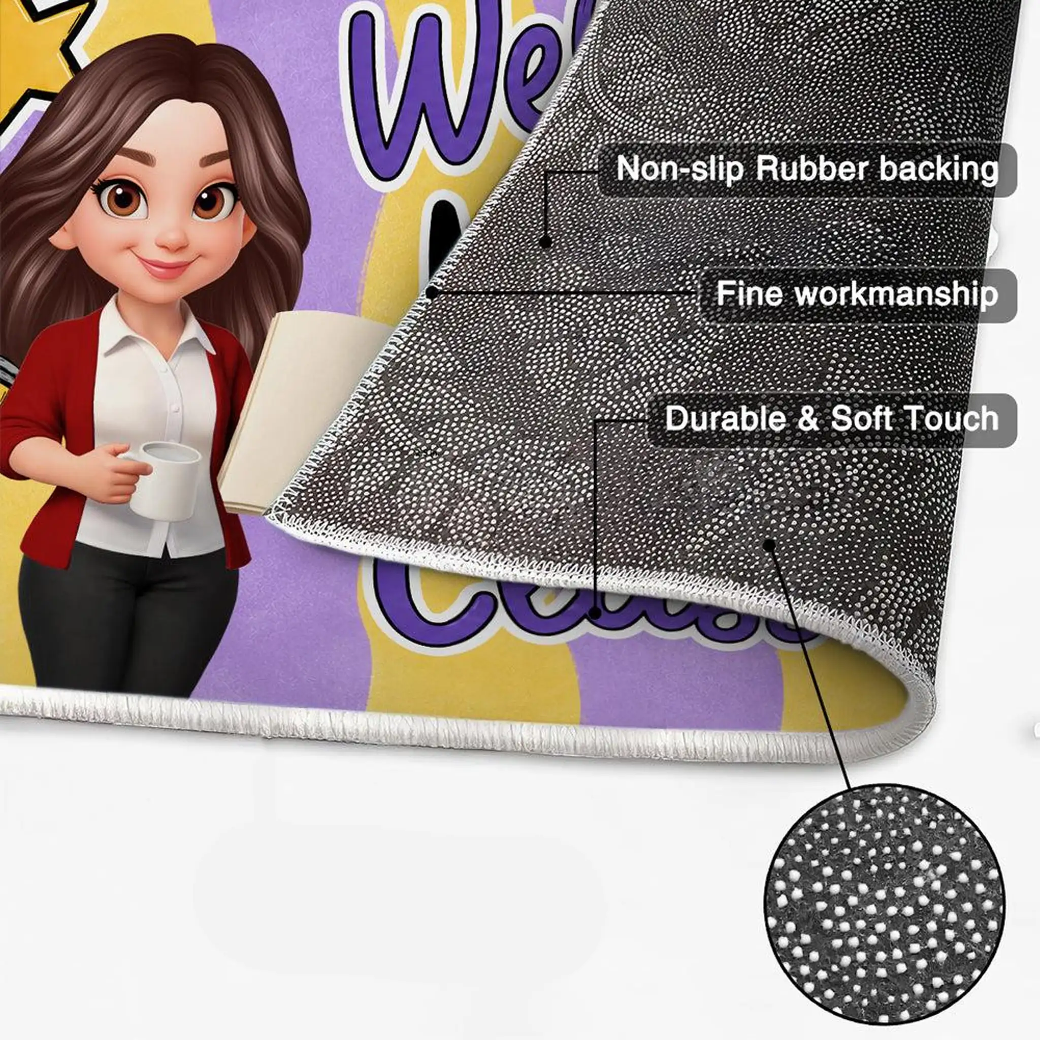 Standard Doormat with Cartoon Teacher & Stars, Personalized Creative Gift for a Cheerful Classroom Entry - Image 4