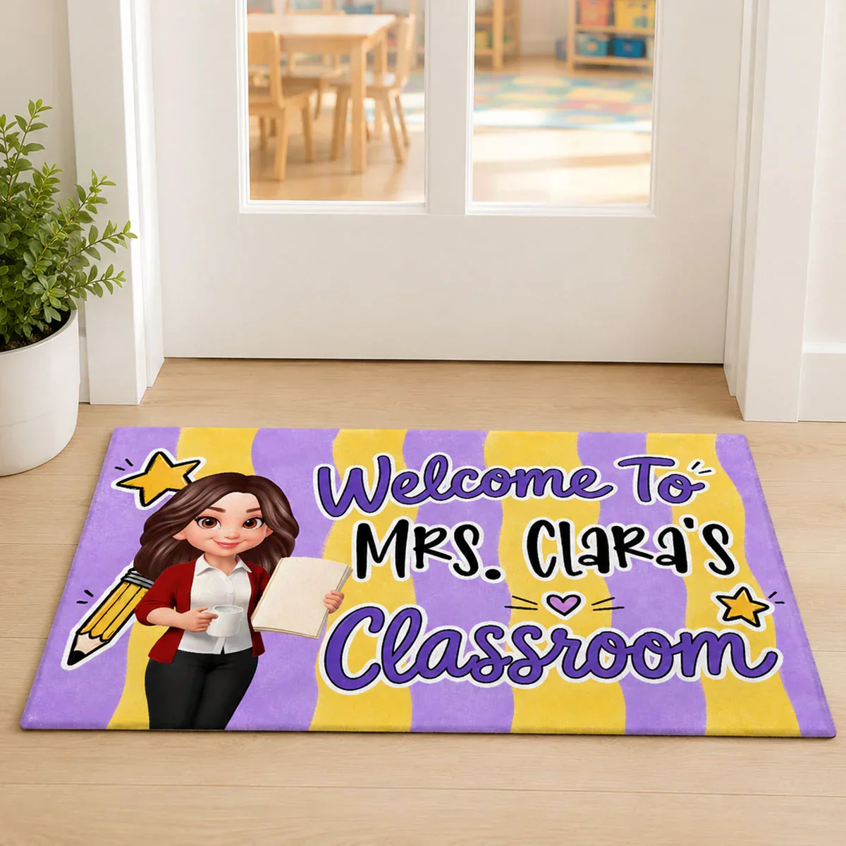 Standard Doormat with Cartoon Teacher & Stars, Personalized Creative Gift for a Cheerful Classroom Entry - Image 5