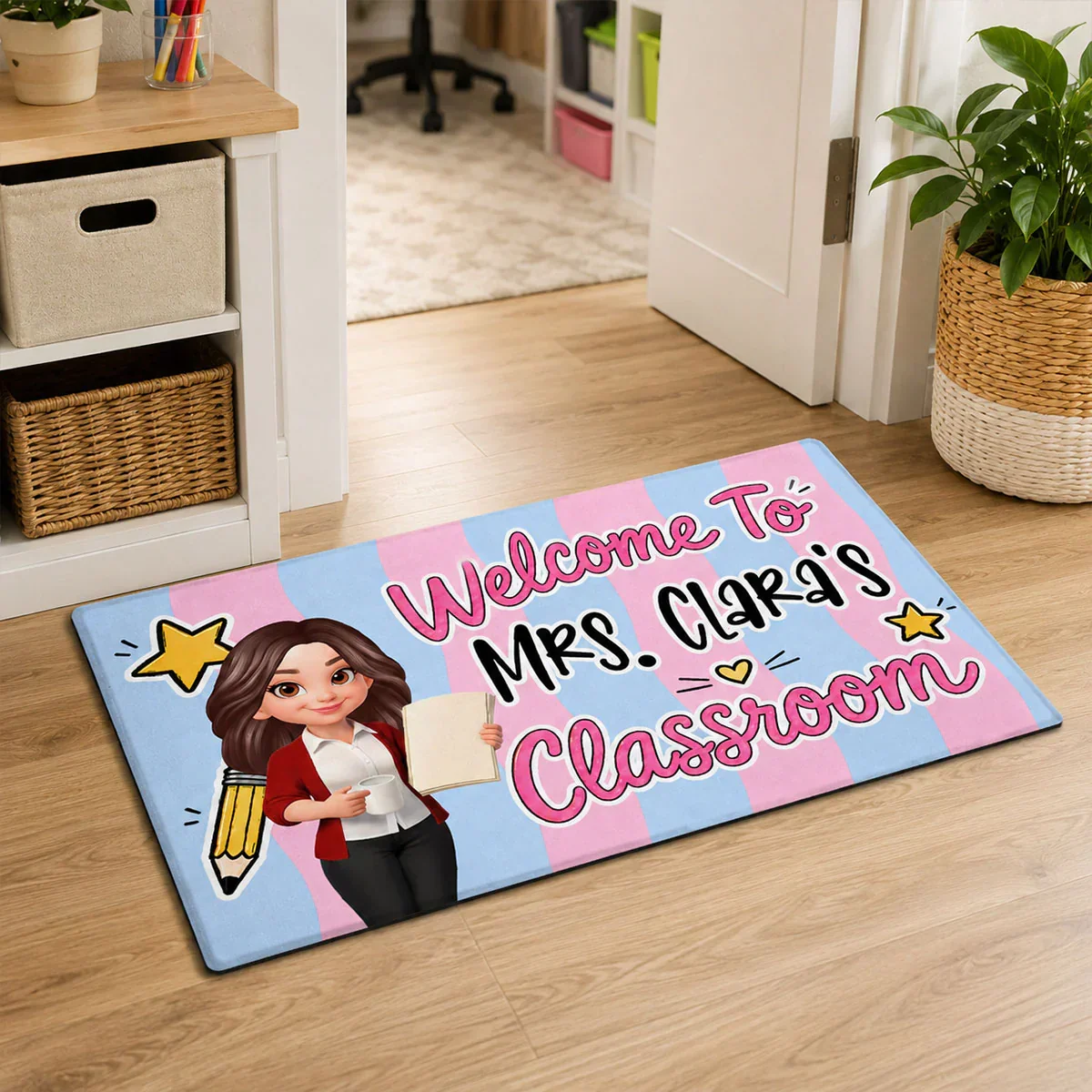 Standard Doormat with Cartoon Teacher & Stars, Personalized Creative Gift for a Cheerful Classroom Entry - Image 6
