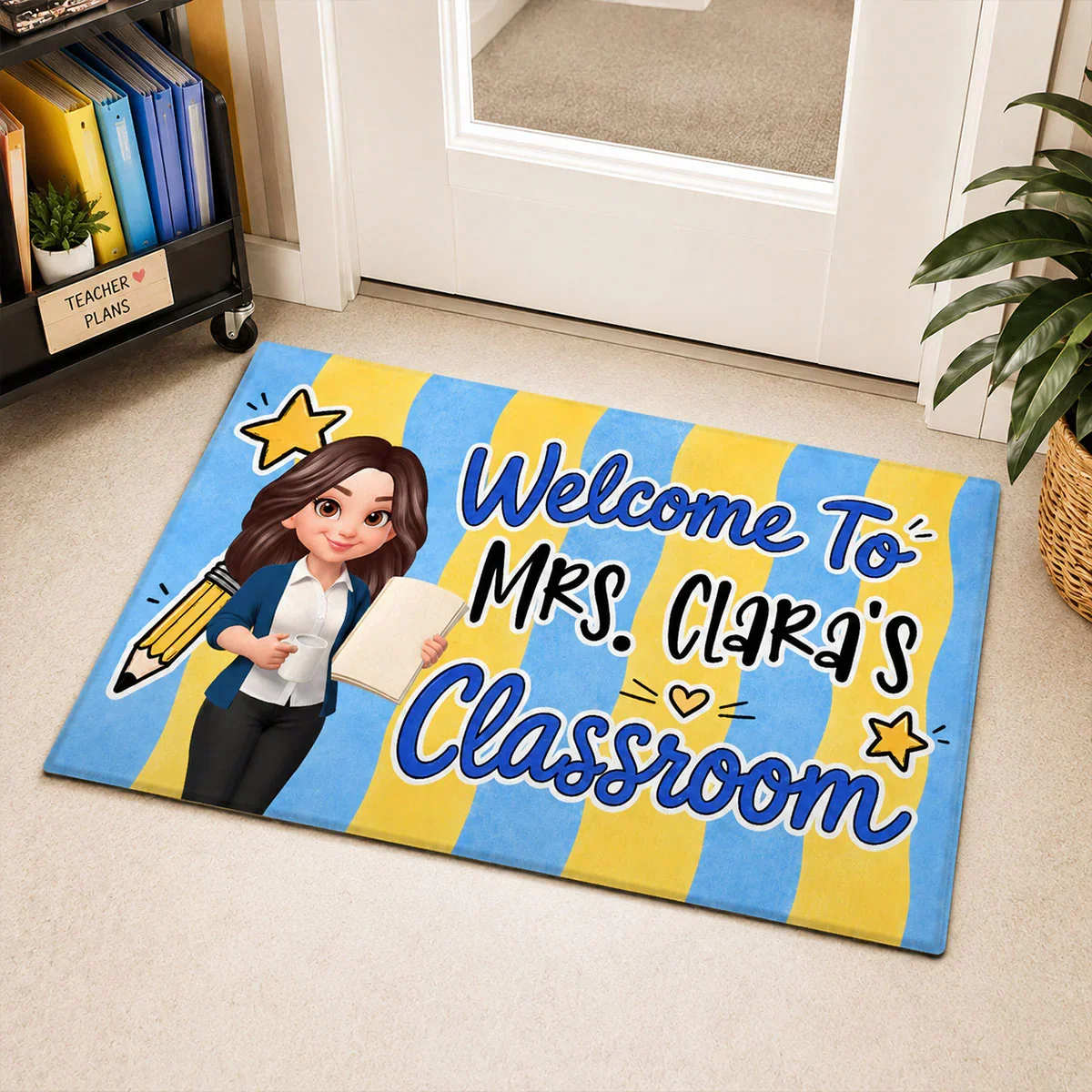 Standard Doormat with Cartoon Teacher & Stars, Personalized Creative Gift for a Cheerful Classroom Entry - Image 7