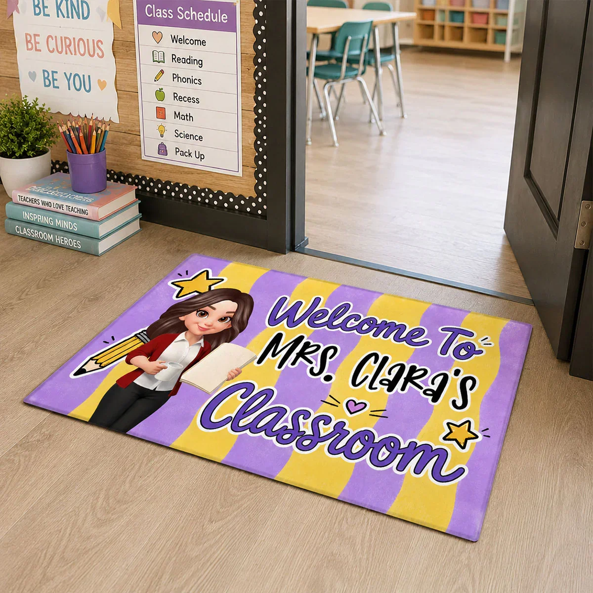Standard Doormat with Cartoon Teacher & Stars, Personalized Creative Gift for a Cheerful Classroom Entry - Image 8