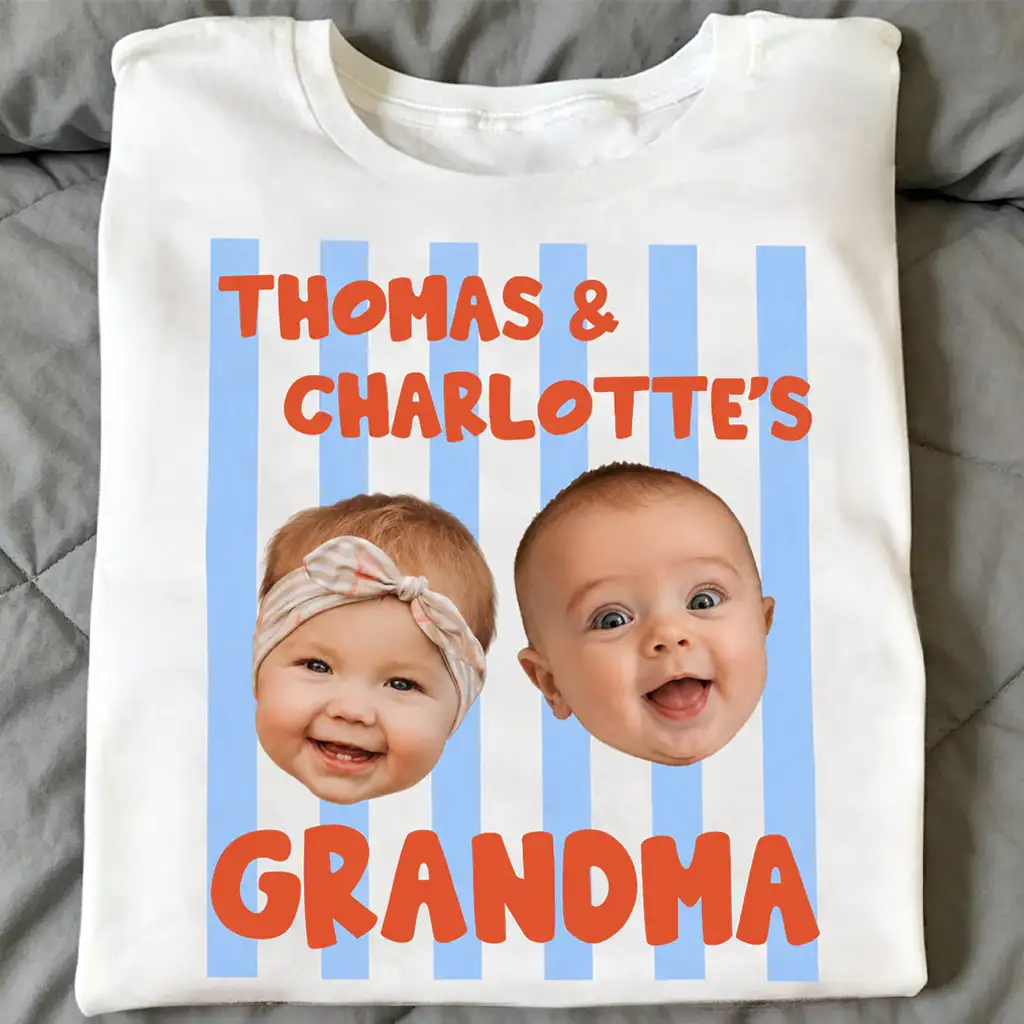 Personalized Classic Tee with Baby Photo Faces, Custom Grandma Shirt, Unique Gift for Family Memories