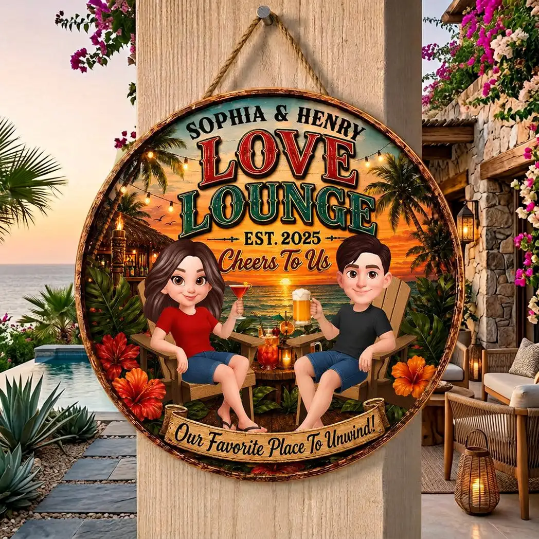 Personalized Wooden Sign, Couple Holding Drinks at Sunset Lounge, Unique Gift for Partners