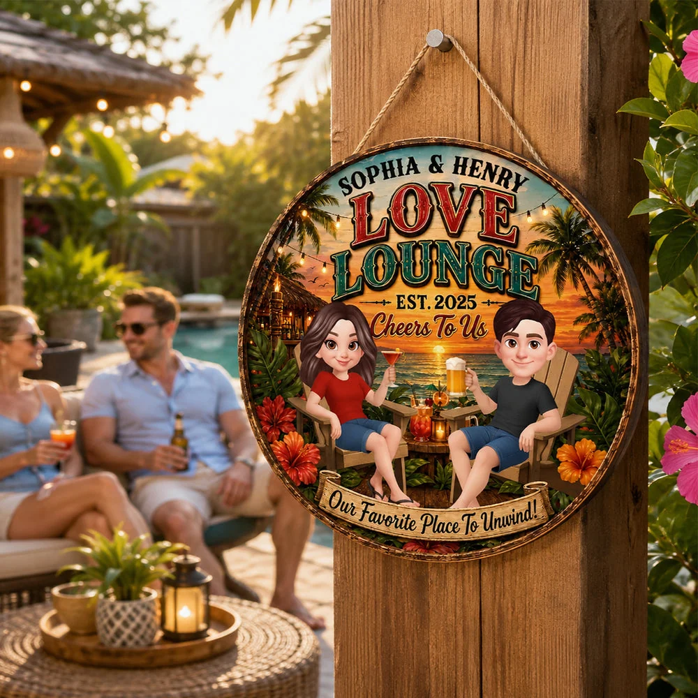 Personalized Wooden Sign, Couple Holding Drinks at Sunset Lounge, Unique Gift for Partners - Image 2