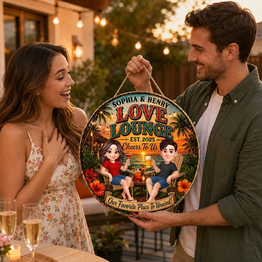 Personalized Wooden Sign, Couple Holding Drinks at Sunset Lounge, Unique Gift for Partners - Image 4