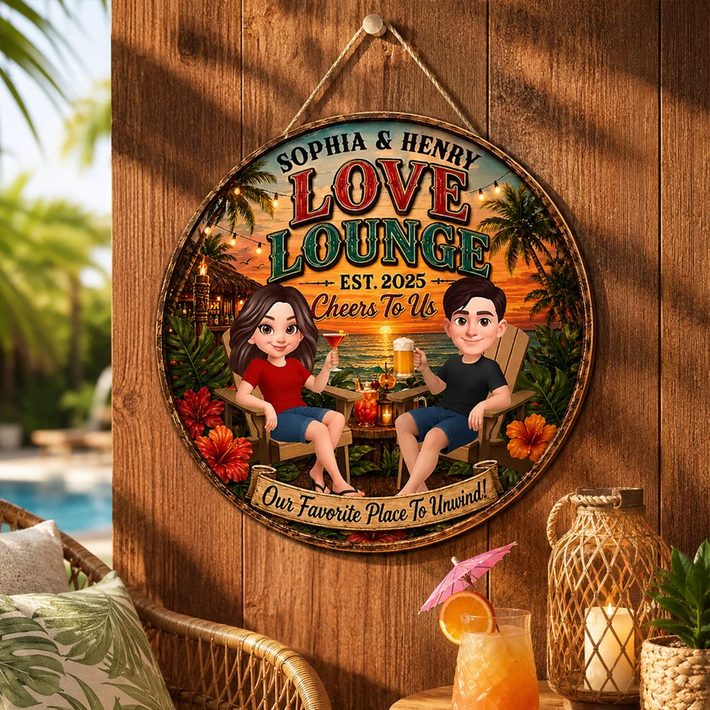 Personalized Wooden Sign, Couple Holding Drinks at Sunset Lounge, Unique Gift for Partners - Image 5