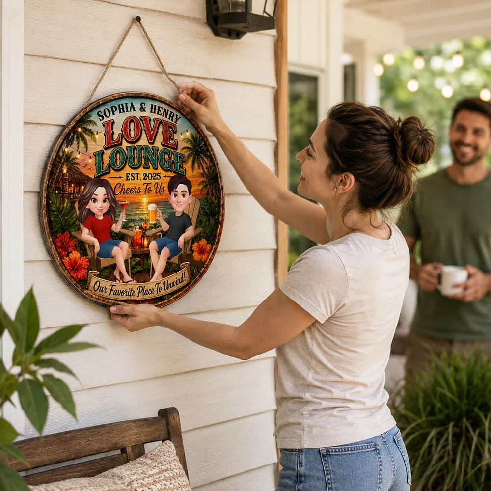 Personalized Wooden Sign, Couple Holding Drinks at Sunset Lounge, Unique Gift for Partners - Image 6