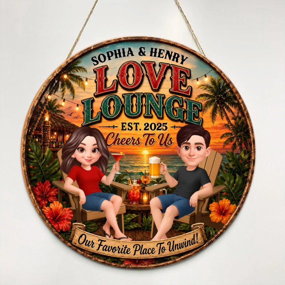 Personalized Wooden Sign, Couple Holding Drinks at Sunset Lounge, Unique Gift for Partners - Image 7