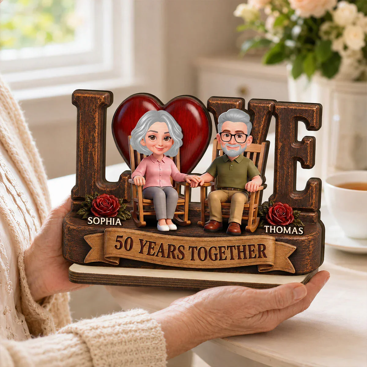 Personalized 2-Layer Wooden Plaque, Senior Couple Holding Hands, Unique Anniversary Gift - Image 3