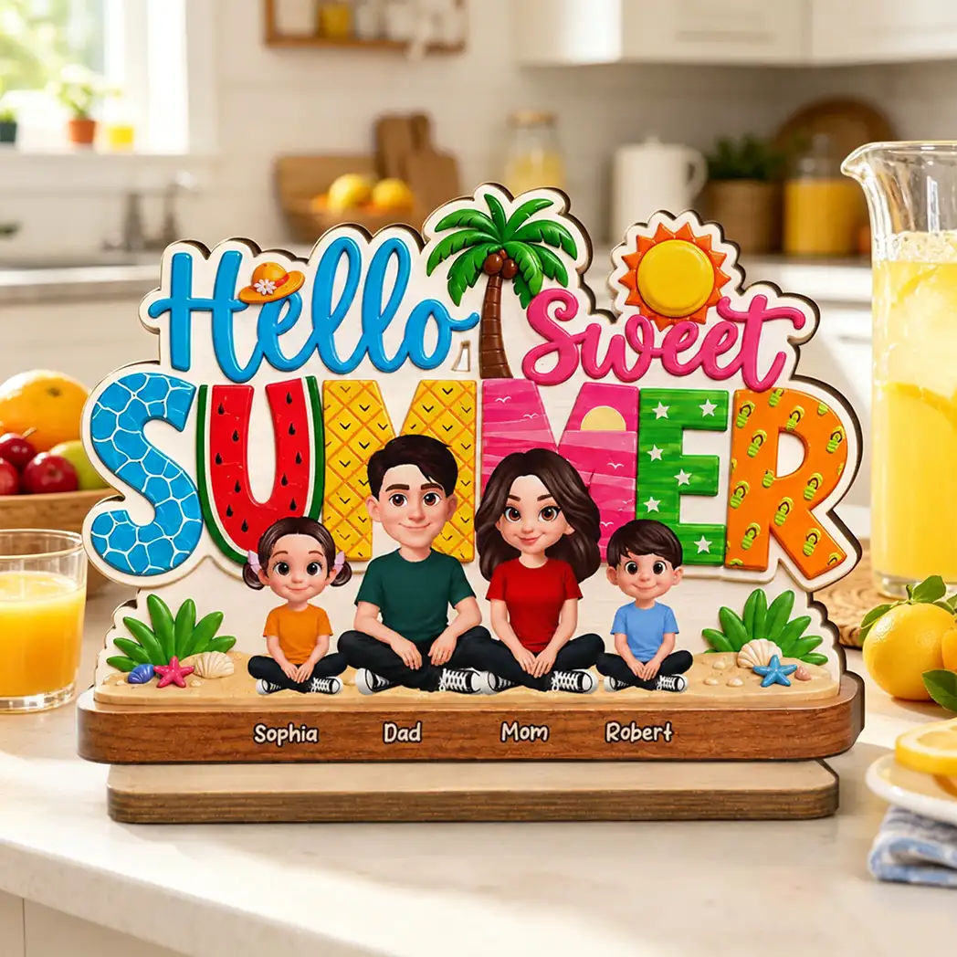 Personalized 2-Layer Wooden Plaque, Hello Sweet Summer Family Beach Decor, Unique Gift For Parents