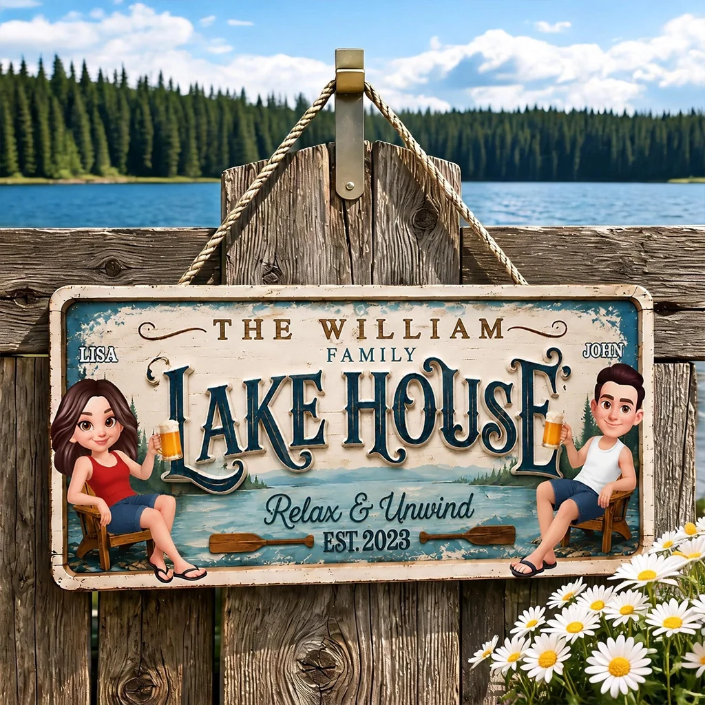 Personalized Wooden Sign for Lake House, Custom Family Cabin Decor, Unique Creative Gift for Couple