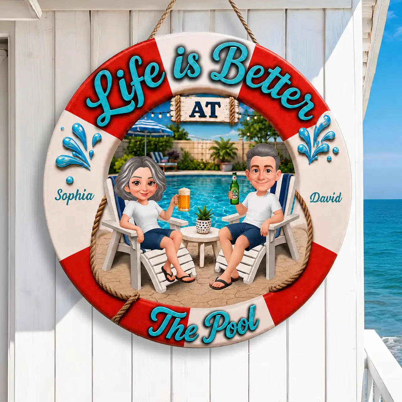 Personalized Wooden Sign, Life Is Better at The Pool, Couple Relaxing with Drinks, Unique Gift