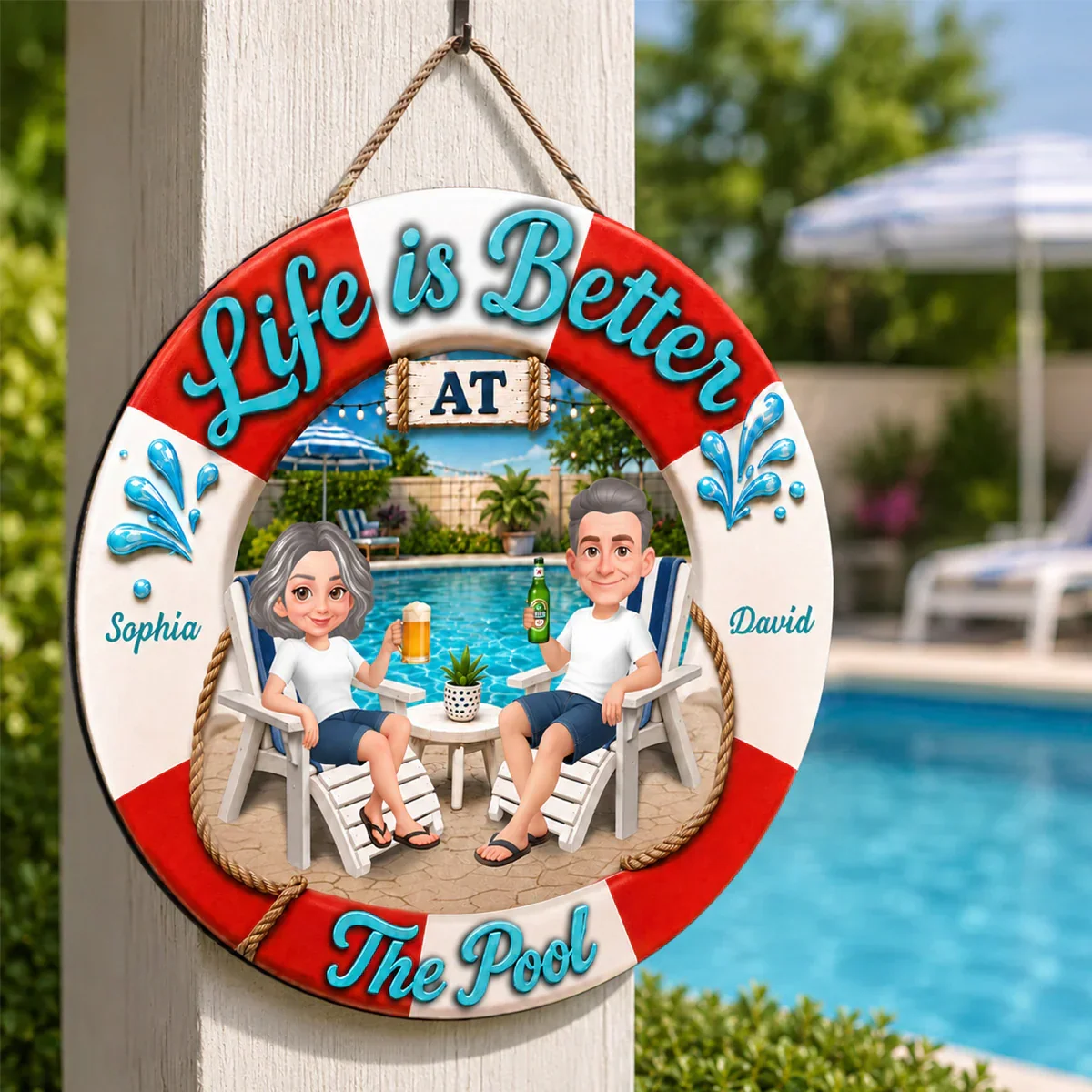 Personalized Wooden Sign, Life Is Better at The Pool, Couple Relaxing with Drinks, Unique Gift - Image 2