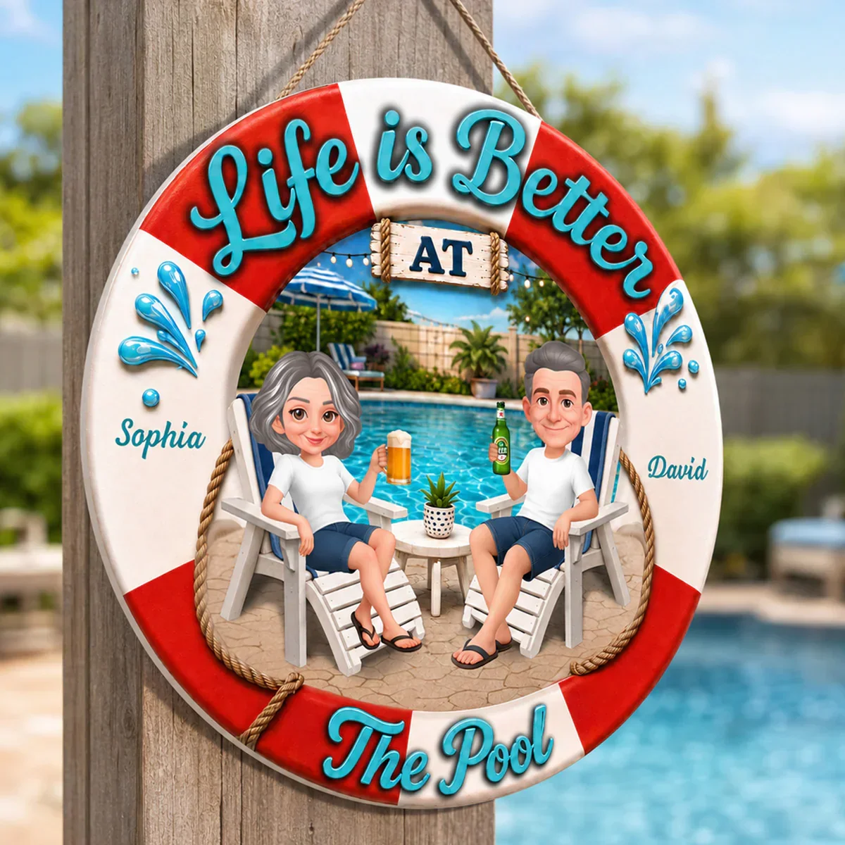 Personalized Wooden Sign, Life Is Better at The Pool, Couple Relaxing with Drinks, Unique Gift - Image 3