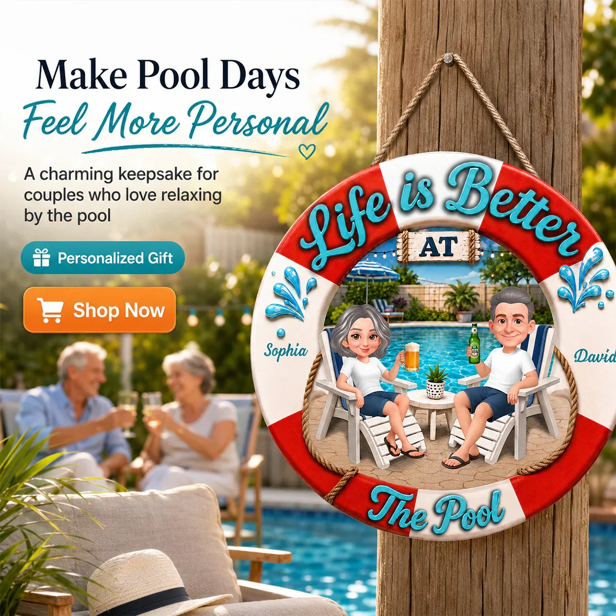Personalized Wooden Sign, Life Is Better at The Pool, Couple Relaxing with Drinks, Unique Gift - Image 4