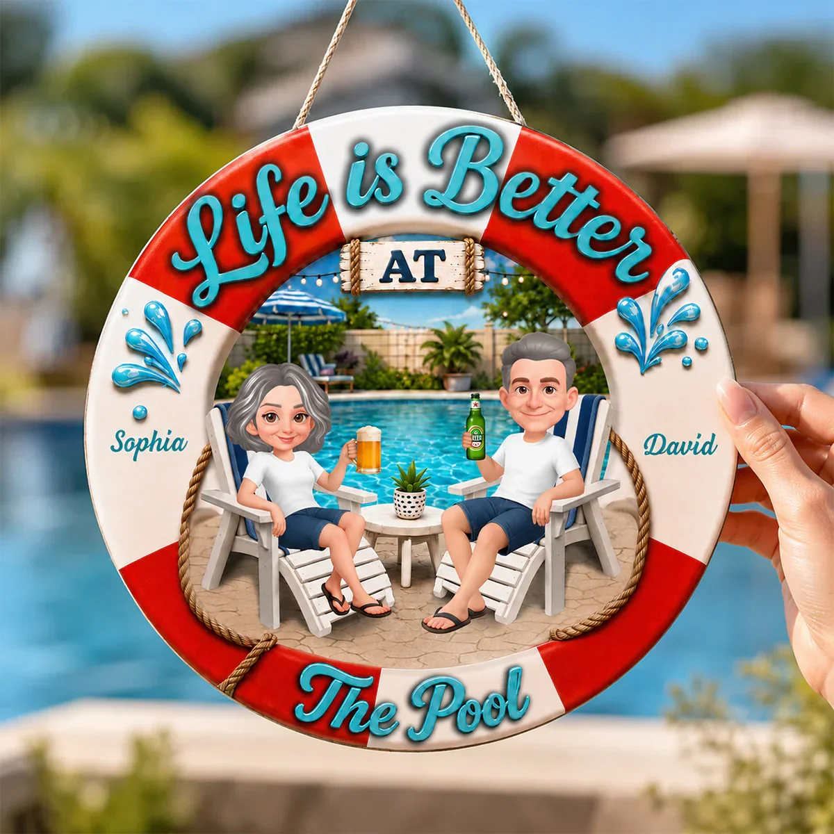 Personalized Wooden Sign, Life Is Better at The Pool, Couple Relaxing with Drinks, Unique Gift - Image 6