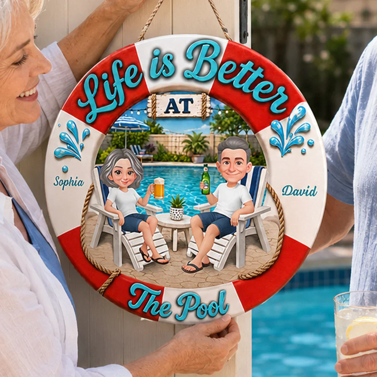 Personalized Wooden Sign, Life Is Better at The Pool, Couple Relaxing with Drinks, Unique Gift - Image 7