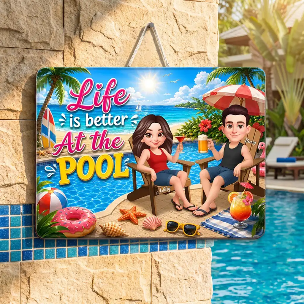 Personalized Wooden Sign, Poolside Couple Raising Drinks, Unique Summer Gift
