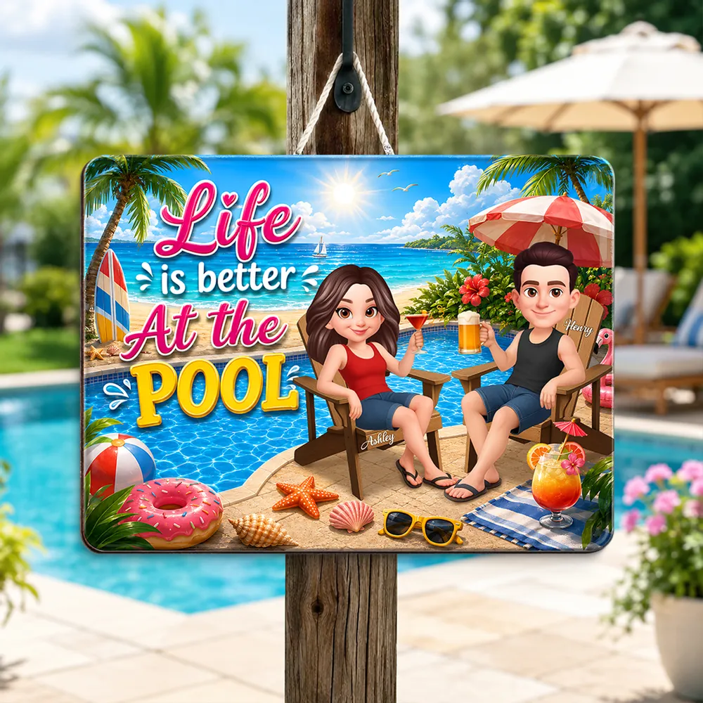 Personalized Wooden Sign, Poolside Couple Raising Drinks, Unique Summer Gift - Image 2