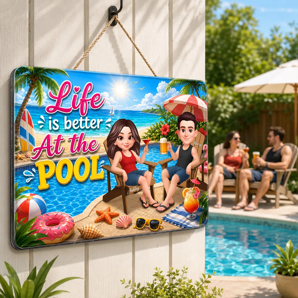 Personalized Wooden Sign, Poolside Couple Raising Drinks, Unique Summer Gift - Image 3