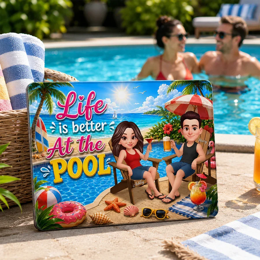 Personalized Wooden Sign, Poolside Couple Raising Drinks, Unique Summer Gift - Image 5