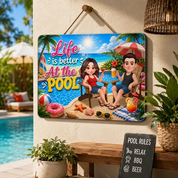 Personalized Wooden Sign, Poolside Couple Raising Drinks, Unique Summer Gift - Image 6