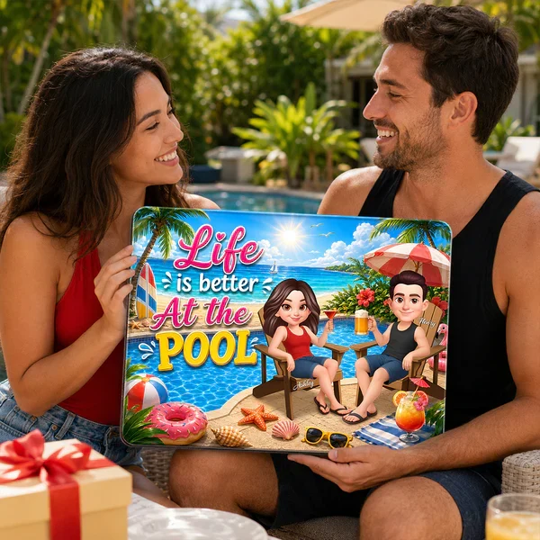 Personalized Wooden Sign, Poolside Couple Raising Drinks, Unique Summer Gift - Image 7