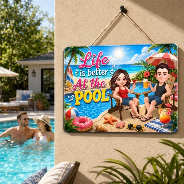 Personalized Wooden Sign, Poolside Couple Raising Drinks, Unique Summer Gift - Image 8