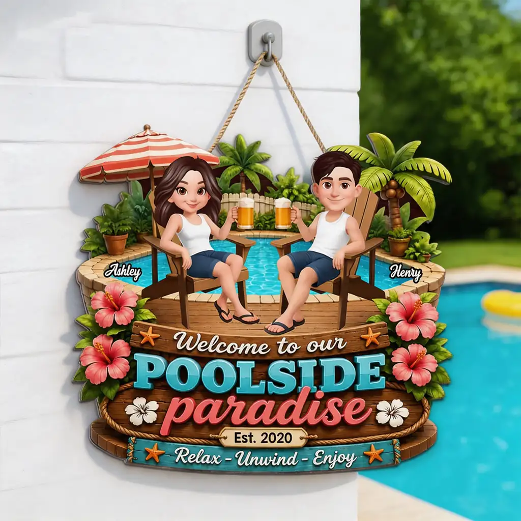 Personalized Wooden Sign, Poolside Paradise Seated Couple Art, Unique Gift for Summer Patio & Porch