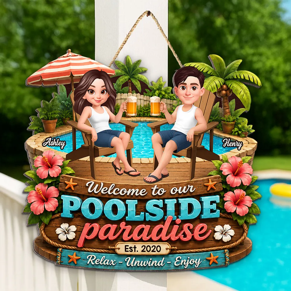 Personalized Wooden Sign, Poolside Paradise Seated Couple Art, Unique Gift for Summer Patio & Porch - Image 2