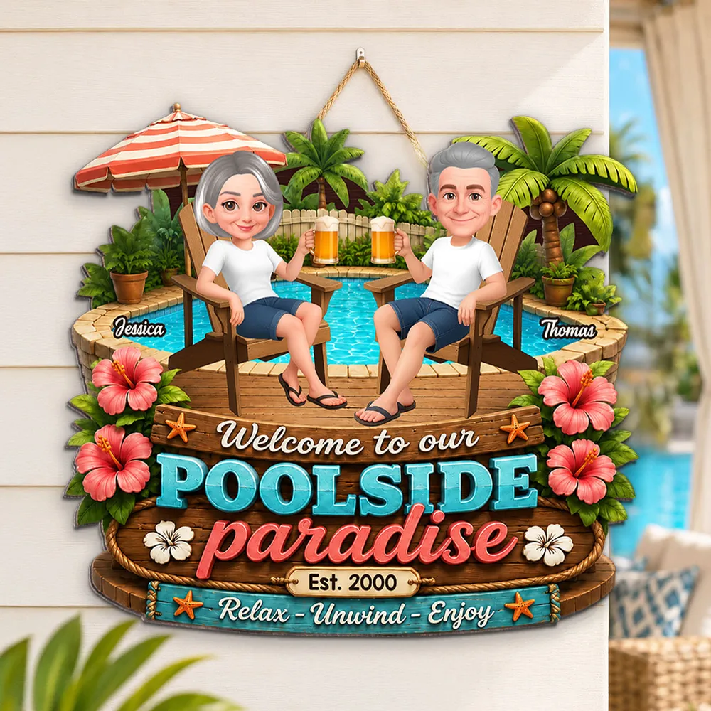 Personalized Wooden Sign, Poolside Paradise Seated Couple Art, Unique Gift for Summer Patio & Porch - Image 3