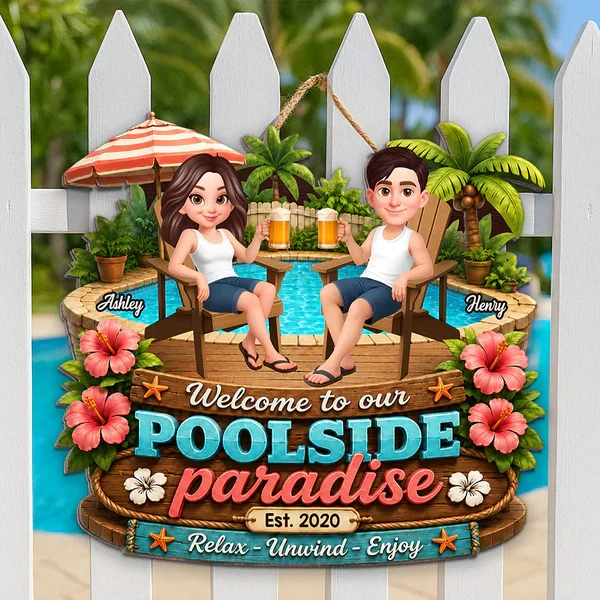 Personalized Wooden Sign, Poolside Paradise Seated Couple Art, Unique Gift for Summer Patio & Porch - Image 6