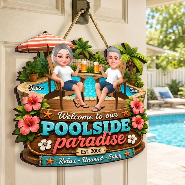 Personalized Wooden Sign, Poolside Paradise Seated Couple Art, Unique Gift for Summer Patio & Porch - Image 7