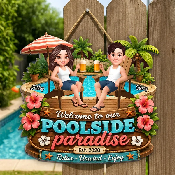 Personalized Wooden Sign, Poolside Paradise Seated Couple Art, Unique Gift for Summer Patio & Porch - Image 8