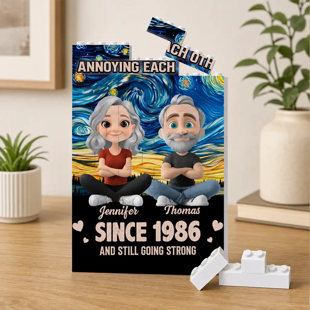 Personalized Building Brick Puzzle With Sitting Couple Avatars, Unique Creative Gift for Couple
