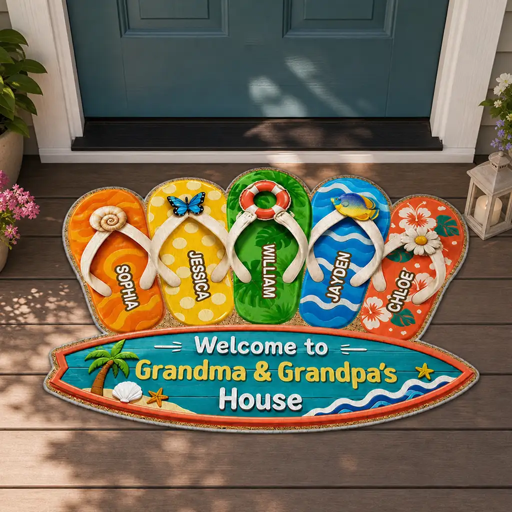 Personalized Shaped Doormat, Summer Flip Flop Welcome Unique Gift for Grandma & Grandpa's House