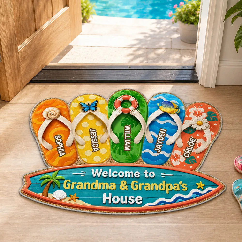 Personalized Shaped Doormat, Summer Flip Flop Welcome Unique Gift for Grandma & Grandpa's House - Image 2