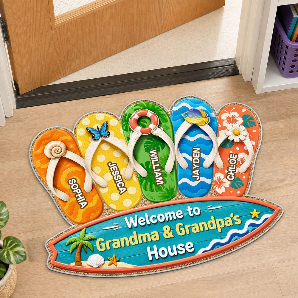 Personalized Shaped Doormat, Summer Flip Flop Welcome Unique Gift for Grandma & Grandpa's House - Image 3
